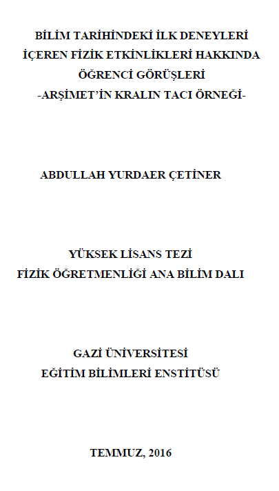 bilim tarihindeki ilk deneyleri iceren fizik etkinlikleri hakknda ogrenci gorusleri